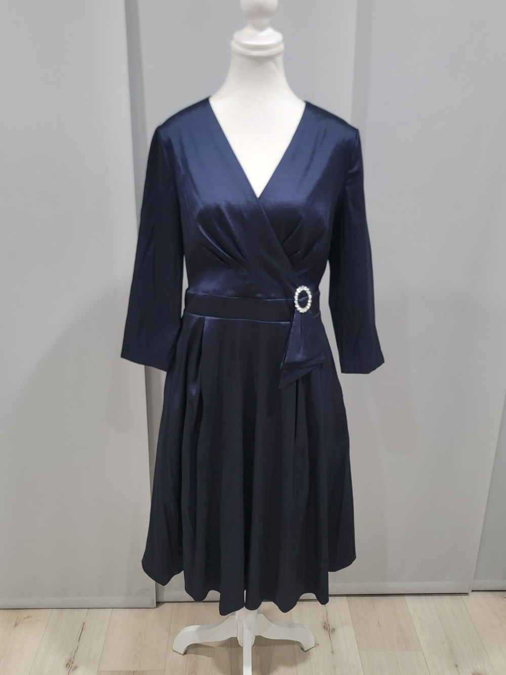 Joseph Ribkoff Deep Navy Wrap-Style Midi Dress with Rhinestone Buckle